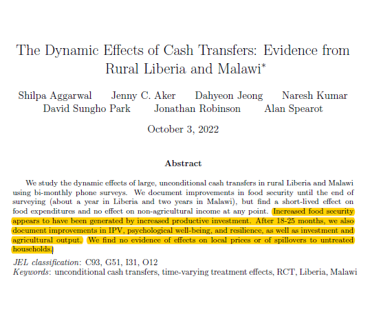 Amber Peterman (@a_peterman) on Twitter photo New WP showing dynamic effects of <a href="/GiveDirectly/">GiveDirectly💸</a>'s large lump-sum UCT in Malawi 🇲🇼 & Liberia 🇱🇷 via bi-monthly phone surveys
Lots of take away nuggets!
<a href="/DavidSunghoPark/">David Sungho Park</a> <a href="/shilpa_555/">Shilpa Aggarwal</a> <a href="/dahyeon_jeong/">Dahyeon Jeong</a> @jmrtwentytwo @acspearot & co
#EconTwitter
dshpark.com/files/dynamic_… New WP showing dynamic effects of <a href="/GiveDirectly/">GiveDirectly💸</a>'s large lump-sum UCT in Malawi 🇲🇼 & Liberia 🇱🇷 via bi-monthly phone surveys
Lots of take away nuggets!
<a href="/DavidSunghoPark/">David Sungho Park</a> <a href="/shilpa_555/">Shilpa Aggarwal</a> <a href="/dahyeon_jeong/">Dahyeon Jeong</a> @jmrtwentytwo @acspearot & co
#EconTwitter
dshpark.com/files/dynamic_…
