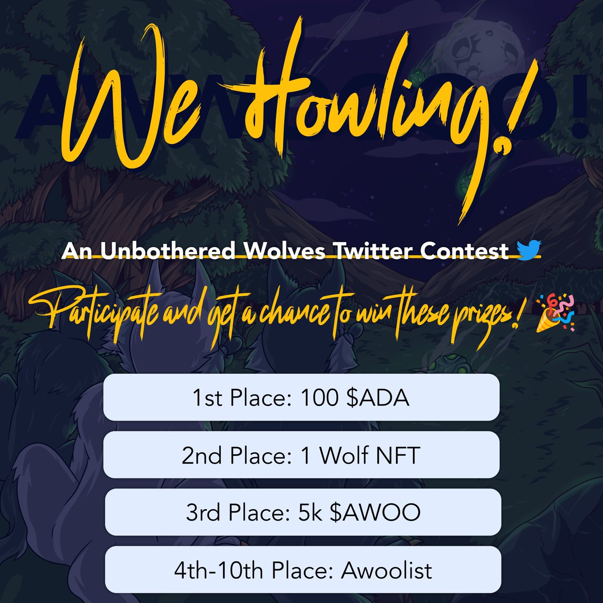WE HOWLING! 🐺

How to participate?
1 - Set your Twitter PFP to your favorite Unbothered Wolf or Lycan
2 - Add '🐺 Unbothered Wolves' after your Twitter name. Example: Midas 🐺 Unbothered Wolves
3 - Tweet your favorite Wolf or Lycan, and use this caption and hashtags:
AWWOOOOOOO!