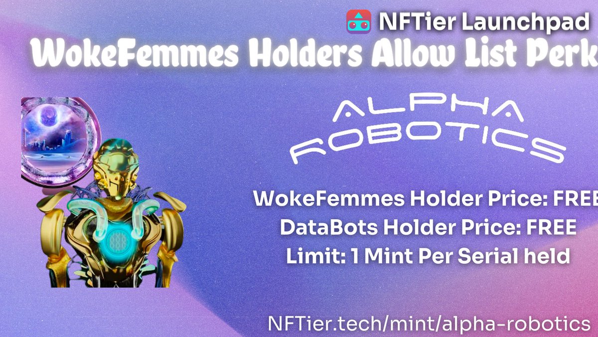 WokeFemmes's tweet photo. 🚨Free Mint🚨
All WokeFemmes, and DataBots holders are now able to mint an Alpha Robotics NFT for each unlisted serial held.
Serials listed on secondary marketplaces are not eligible for the snapshot.
Comment your mint below 👇
🔗https://t.co/N8962ZXs81
#HBARNFTs https://t.co/401pS1sgTD
