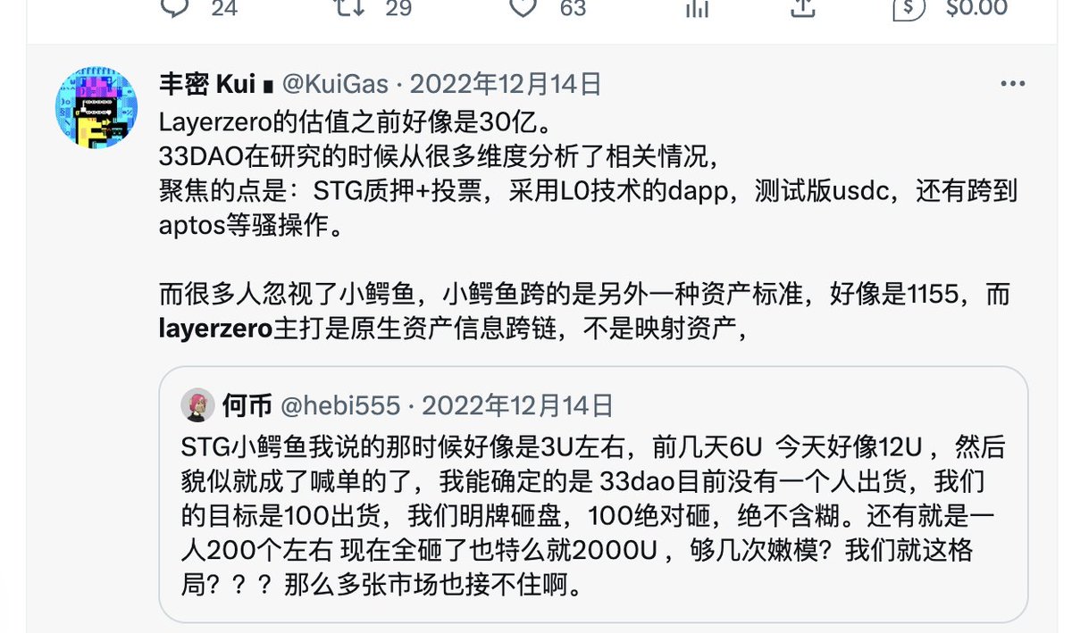 KuiGas's tweet photo. 最近一次奶了一口他。

LayerZero 在 B 轮融资中筹集了 1.2 亿美元，估值 30 亿美元，a16z Crypto、红杉资本、Circle Ventures、Samsung Next、OpenSea 和佳士得等参投，共有 33 位投资者。33🚀

丰密曾经1刀一个（暴涨20倍+啦）。买入持仓kuiqian排名第二，不可见的钱包排名·····。

33DAO很早多次🪜 https://t.co/572zaH0gjN