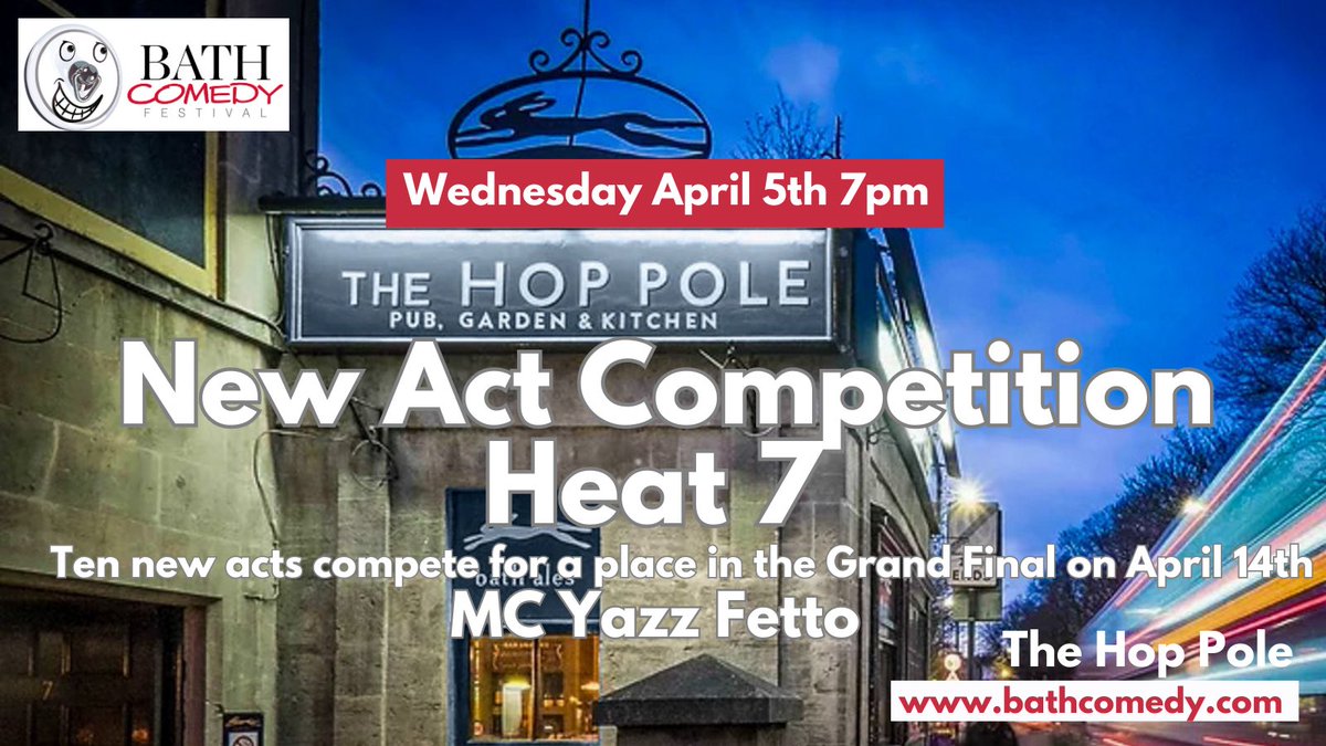 There’s Heat 7 of Bath New Act at The Hop Pole at 7pm with MC <a href="/yazzfetto/">Yazz Fetto</a> 

📅 April 5th
⏰ 7pm
🎟️ £5 or #PayWhatYouFeel
🏟️ The Hop Pole

bathcomedy.com/whats-on?id=14…