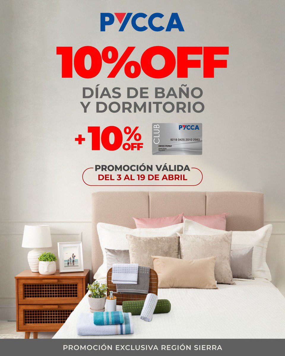 AlmacenesPycca's tweet photo. ¡10% OFF en productos de baño y dormitorio +10% con tu #ClubPycca!
Es el momento que tengas tu cuarto y baño como siempre lo has soñado, del 3 al 19 de abril encuentra los productos de baño y dormitorio con el 10% OFF*
Y con tu #ClubPycca obtén un 10% adicional https://t.co/e5PATUWxHn