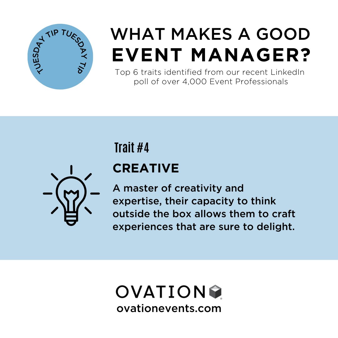 A good Event Manager is a master of creativity and expertise, their capacity to think outside the box allows them to craft experiences that are sure to delight. Check out the top 6 traits from our poll to see more. 

Download it now - hubs.ly/Q01JZN580