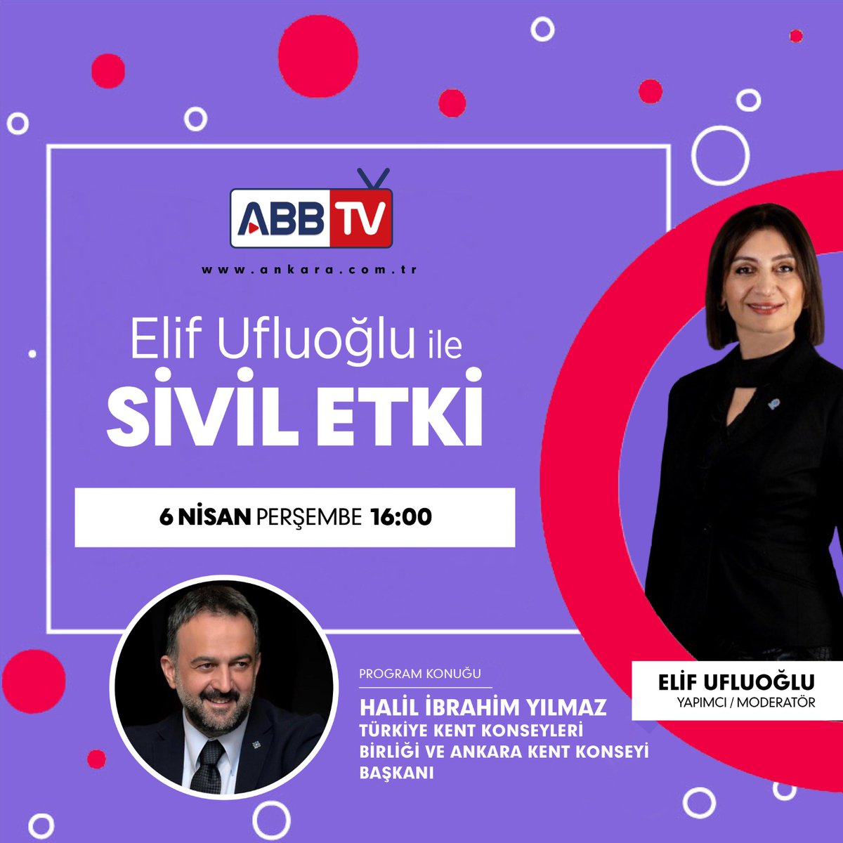 ElifUfluoglu's tweet photo. Elif Ufluoğlu ile Sivil Etki programı birbirinden değerli konukları ile her perşembe, 16:00’da canlı yayınla ABB TV’de sizlerle.
#elifufluoğluilesiviletki #ankarabüyükşehirbelediyesi #abb #abbtv #canlıyayın #ankarakentkonseyi #halilibrahimyılmaz #gündem https://t.co/K6qIQGEhUe