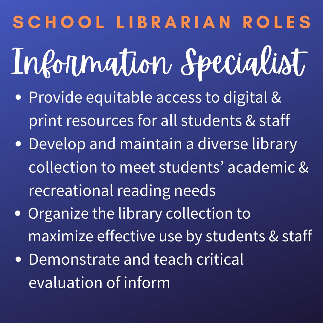 VOCALCCSD's tweet photo. What do school librarians do??? We have 5 major roles, including being an INFORMATION SPECIALIST! We ensure our students have access to quality resources &amp; that they can critically examine information they find. This is more important than ever! #AASLslm #CCSDLibrariesForALL https://t.co/xDpt4cdsbY