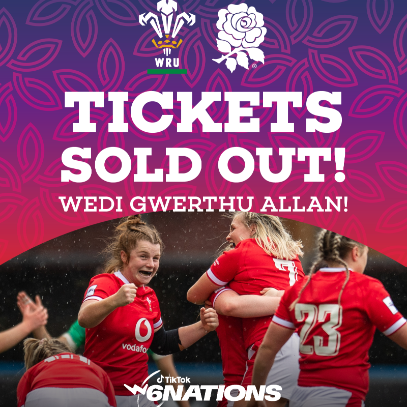 WelshRugbyUnion's tweet photo. SOLD OUT 👏

Public sale tickets for the upcoming @womens6nations fixture against England have now sold out 🎟️

Diolch am eich holl gefnogaeth 🏴󠁧󠁢󠁷󠁬󠁳󠁿

#HerStory | #EiHanesHi