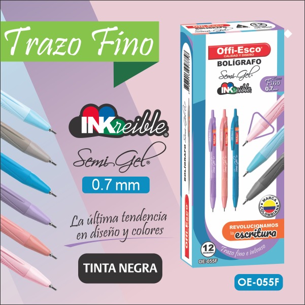 OffiEsco's tweet photo. ¡Los tonos #pasteles están de #moda! ¿Quieres tener un #bolígrafo que combine #estilo y #calidad? ¡bolígrafo #semigel 0.7 mm #Offiesco es lo que necesitas! Cuerpo en tonos pasteles, #retráctil y triangular, te asegura una #escritura #suave y precisa. #OE055F #ExigeElOriginal https://t.co/oThPO2A7lB