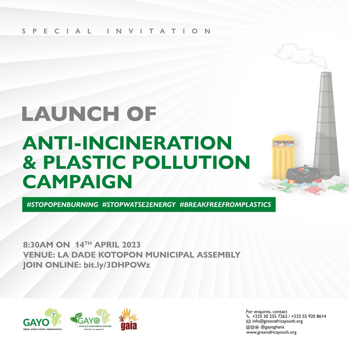 gayoghana's tweet photo. The Anti #Incineration &amp; Plastic Pollution Campaign launches this month as we build momentum for plastics mgt, #policy engagement, and awareness on incineration and open burning. Join us on April 14, 2023 at La Dade Kotopon Mun Assembly or online at https://t.co/0jYoMx77xe. https://t.co/9go5muy1DG