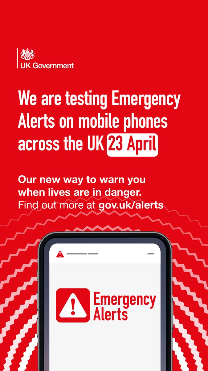 TraffordCouncil's tweet photo. The new Emergency Alerts system will be tested nationally on April 23rd.
The system will warn people when their lives are in danger. An Emergency Alert is a loud, siren-like sound with a message on your mobile phone screen.
To find out more, visit https://t.co/Enpi91ZTU6 https://t.co/mj2hQDeeiP
