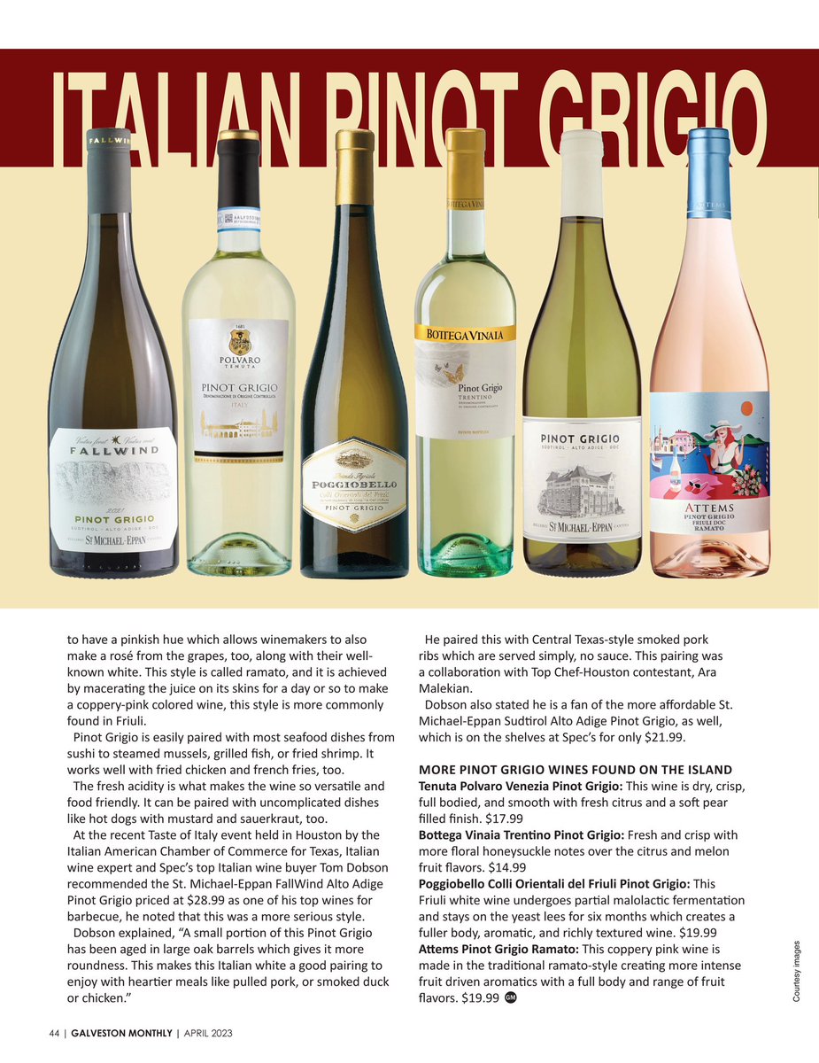 Italian Pinot Grigio that is sure to please, as seen in the current issue of Galveston Monthly magazine. 
By <a href="/SanCrittenden/">Sandra Crittenden</a>