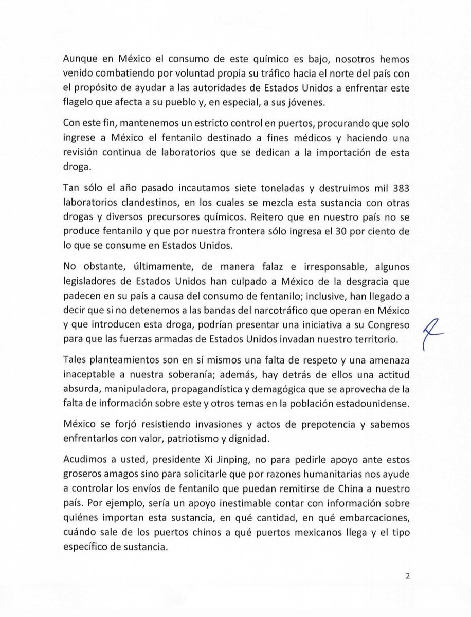 JesusRCuevas's tweet photo. El pdte @lopezobrador_ envió carta a su homólogo @XIJinpinng para demandar cooperación en seguridad y política de drogas; cuidando la integridad y salud de millones. Y juntos combatir el tráfico de fentanilo y frenar la epidemia de opiáceos que afecta a EU y se extiende al mundo. https://t.co/f1POW33r3U