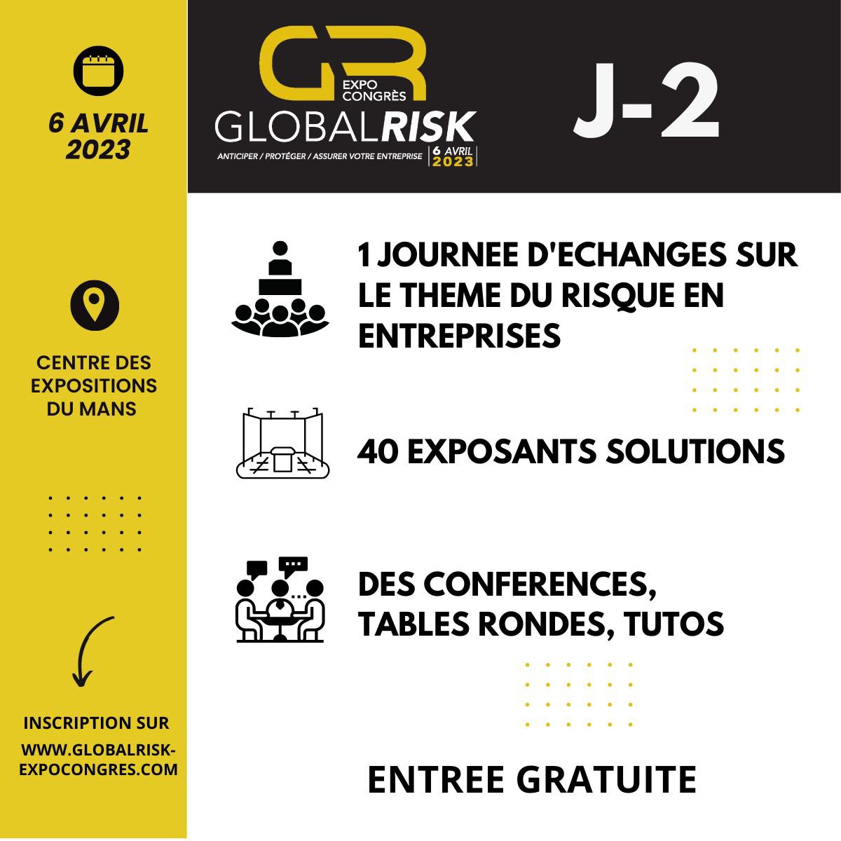 J-2 ! Ce 6 avril, le Centre des Expos #LeMans accueillera la 1ère édition de Global Risk Expo Congrès
Ce rendez-vous gratuit propose aux entreprises un éclairage sur différentes thématiques de risques : conférences, tutos, tables rondes, expo
+infos : app.imagina.com/global-risk-le…