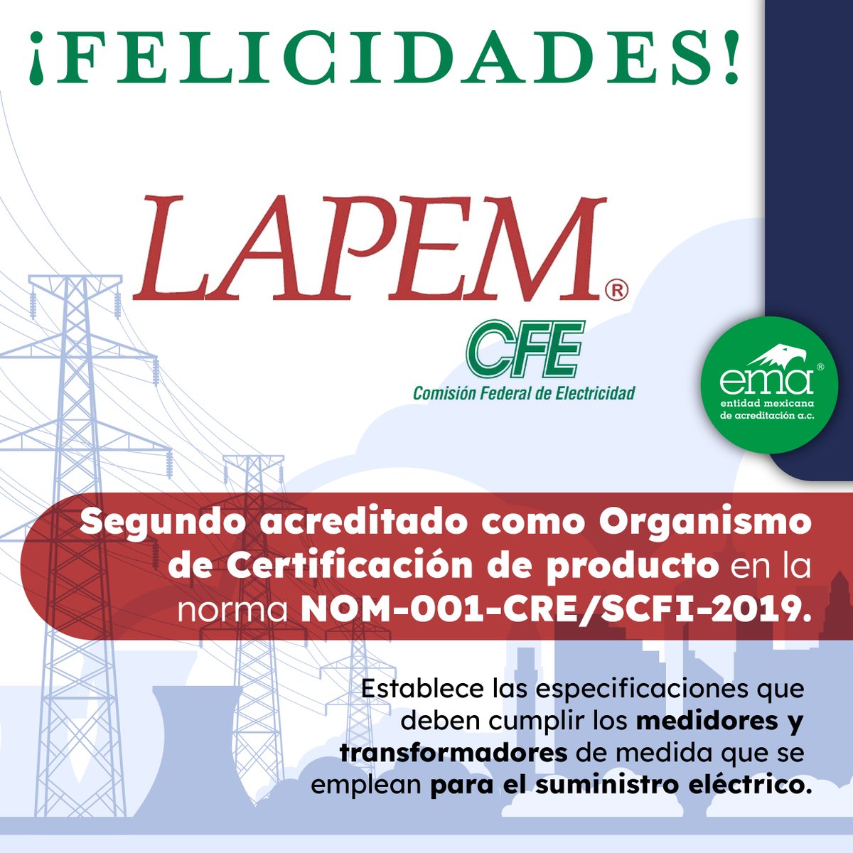 ema_ac's tweet photo. 🔰 ¡Buenas noticias! En @ema_ac Felicitamos al Laboratorio de Pruebas de Equipos y Materiales #LAPEM de CFE por ser el segundo acreditado como Organismo de Certificación de Producto en la norma NOM-001-CRE/SCFI-2019. https://t.co/iXfXdRg68a