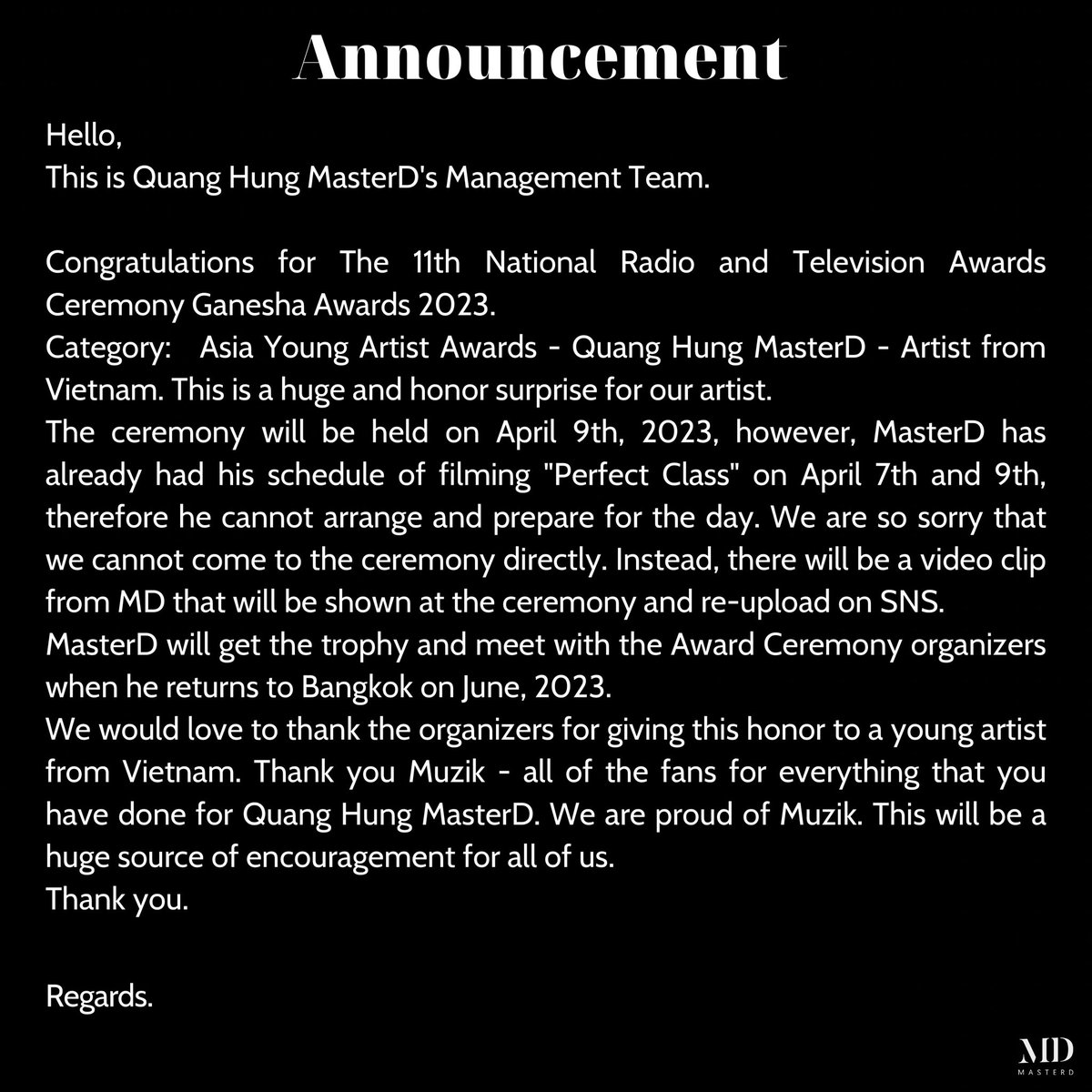 Fansupport_MD's tweet photo. Thông báo về việc nhận giải thưởng của @QH_MasterD 🏆🔔
Cảm ơn mọi người rất nhiều vì tất cả. Chúc mừng ggggg 🥳 Hãy cùng nhau chinh phục thật nhiều giải thưởng hơn nữa nhé… 
#QuangHungMasterD 
#รางวัลศิลปินเอเชียดาวรุ่งดีเด่นMasterD #ThankyouMuzik https://t.co/cjTwFvhcjG