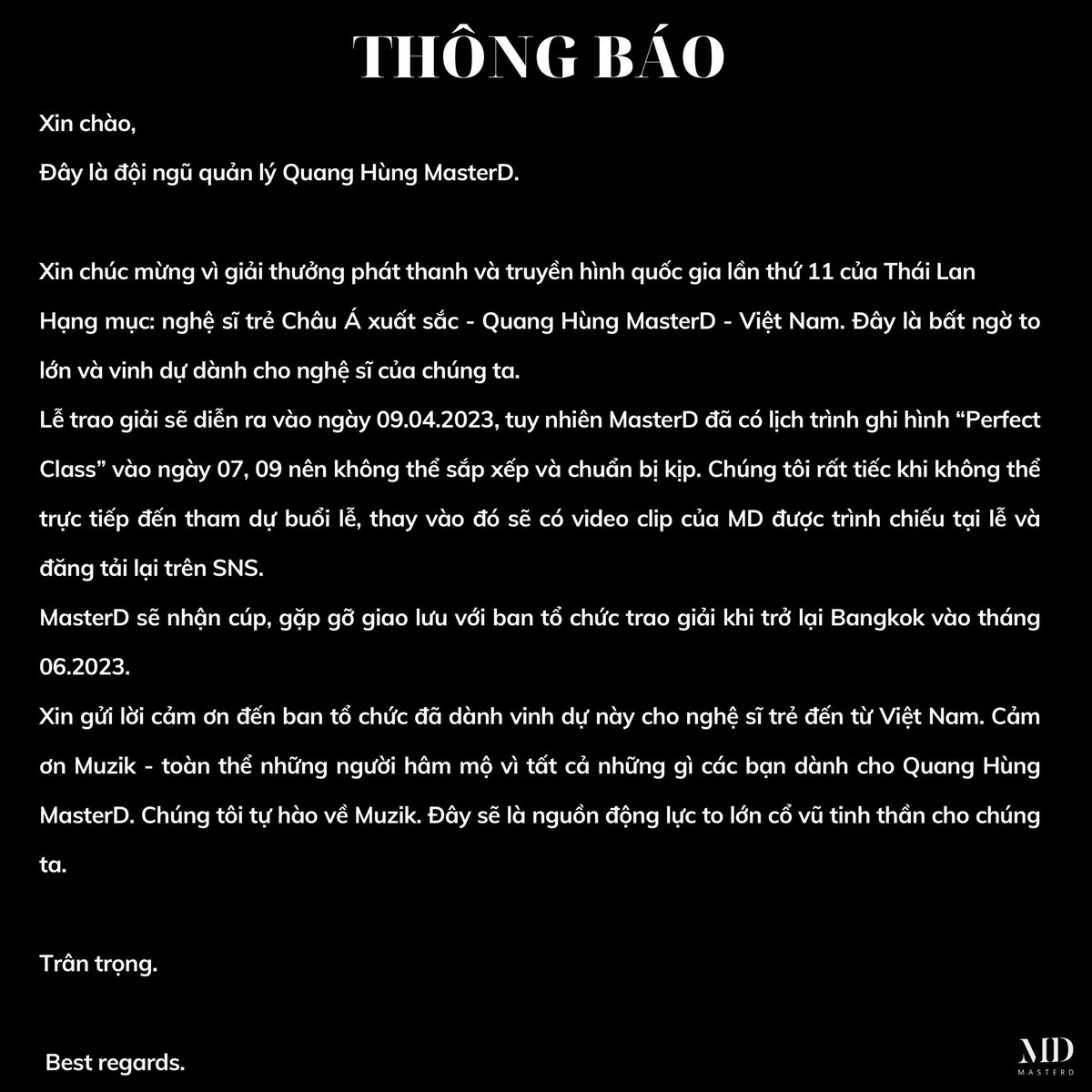 Fansupport_MD's tweet photo. Thông báo về việc nhận giải thưởng của @QH_MasterD 🏆🔔
Cảm ơn mọi người rất nhiều vì tất cả. Chúc mừng ggggg 🥳 Hãy cùng nhau chinh phục thật nhiều giải thưởng hơn nữa nhé… 
#QuangHungMasterD 
#รางวัลศิลปินเอเชียดาวรุ่งดีเด่นMasterD #ThankyouMuzik https://t.co/cjTwFvhcjG