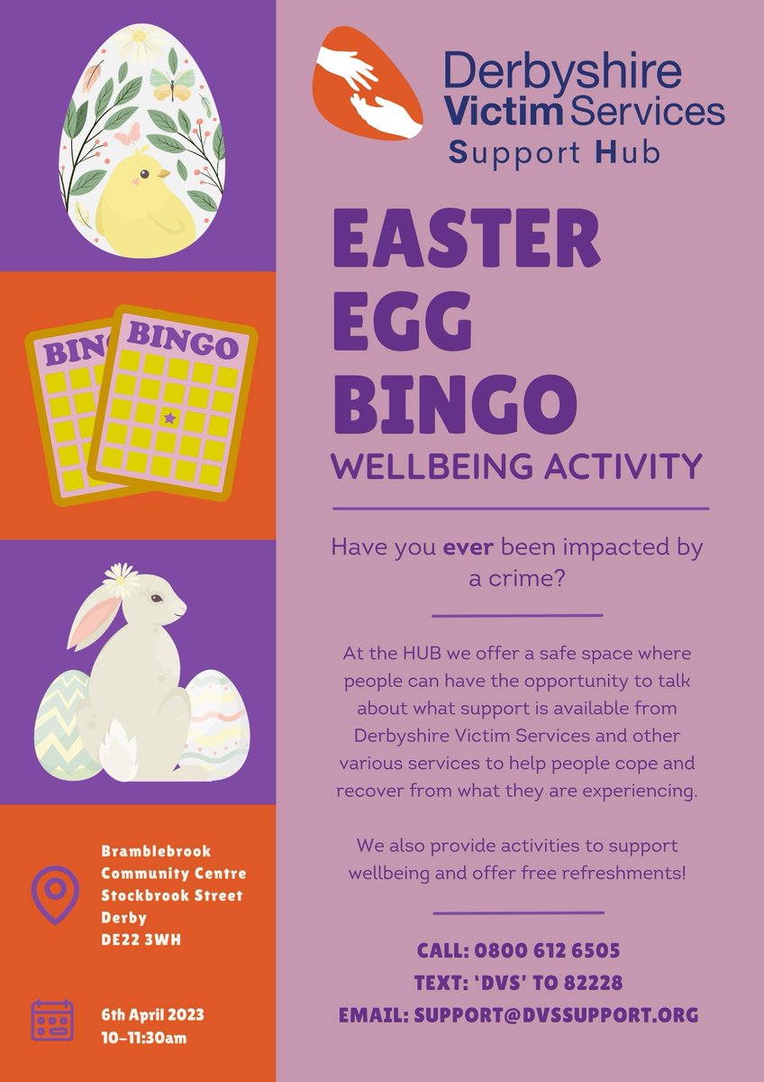 DVS_Support's tweet photo. Come and join us on the 6th April between 10am -11.30am at the #Bramblebrook #Community Centre Stockbrook Street #Derby. @CcBramblebrook @DerbysPCC @DerbysPolice https://t.co/I85UTxnQeJ