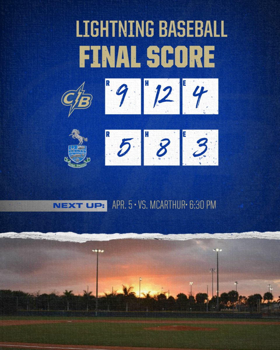 CB baseball picks up the win last night at Coral Springs in extra innings.  CB back at home on Wednesday and Thursday versus McArthur and S. Broward. Come out and support the Lightning! #golightning @PrincipalCBHS <a href="/MisterWass954/">Jeffrey Wasserman</a> <a href="/BCAA_sports/">BCAA Sports</a> <a href="/TheBayBaseball/">The Bay Baseball</a>