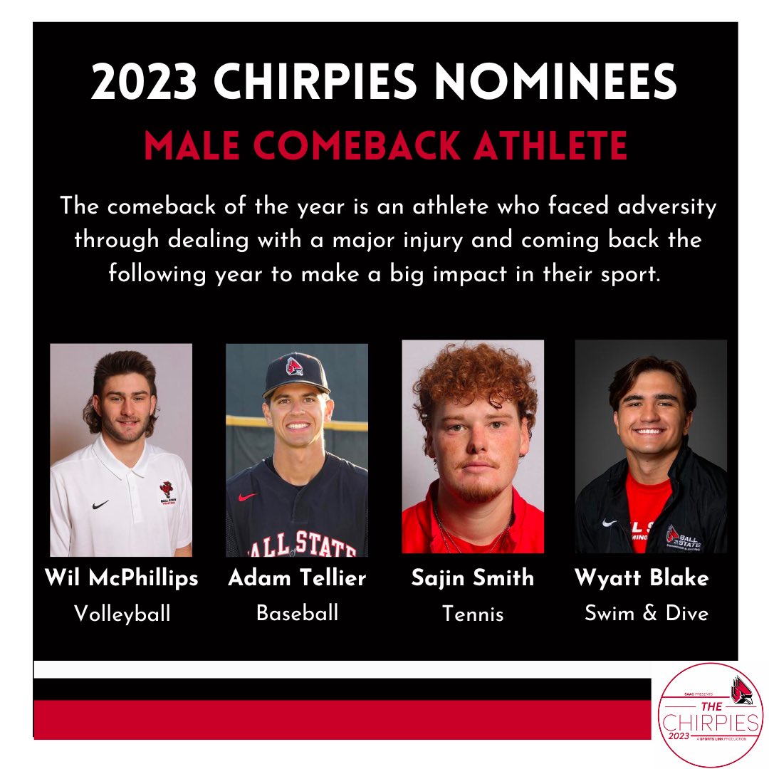 Meet your nominees for the 2023 male and female comeback athletes of the year!

Stay tuned for more Chirpies content as the countdown to the #2023chirpies continues! #ballstatesaac #chirpchirp