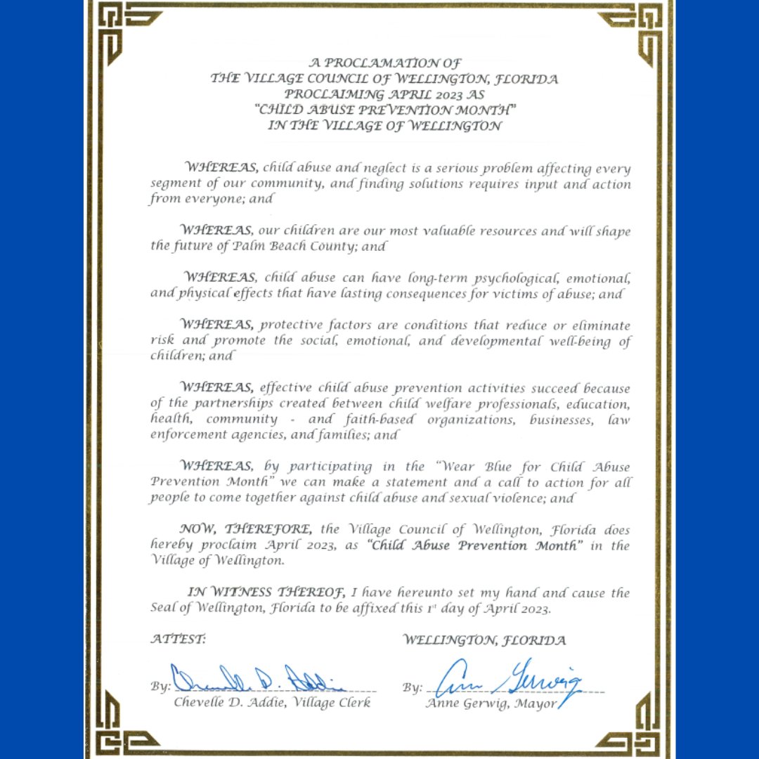 FamiliesFirstPB's tweet photo. Families First wants to thank @Wellingtonflgov for proclaiming April 2023 as Child Abuse Prevention Month and bringing awareness to our cause! To learn more about our Blue April event and how to participate, visit https://t.co/VyQyJM20Zq
#ChildAbusePreventionMonth #BlueApril https://t.co/q17HtVc2bV