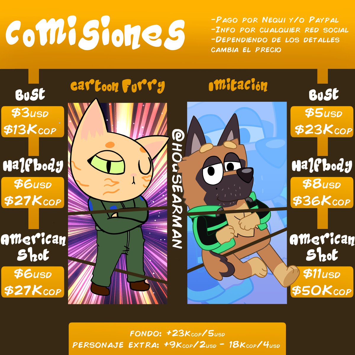 HouseArtman's tweet photo. COMISIONES ABIERTAS!!!
Muchisimisas gracias por el apoyo, me ayudarían bastante :3
-pagos por transferencia Paypal o Nequi
-detalles extra pueden hacer variar el precio
+18 on Twitter @house4night
#comisones #comisionesabiertas #commissions #commissionsopen #artistacolombiano https://t.co/YYK3YipRFF
