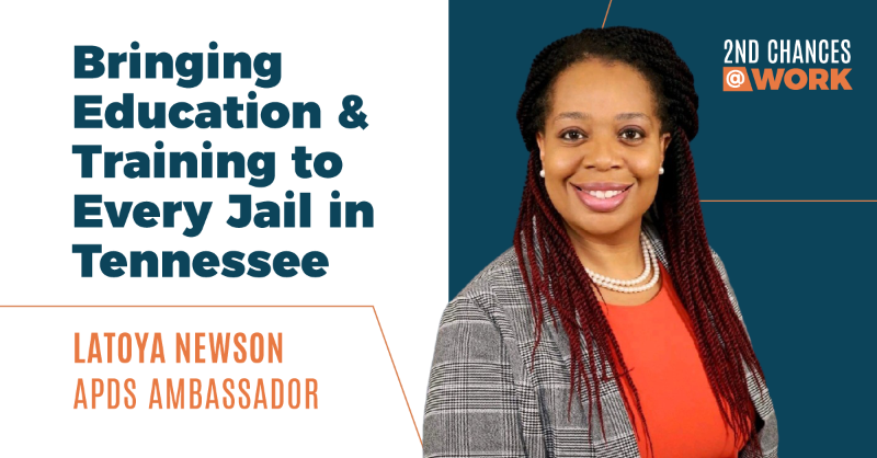APDS_For_Good's tweet photo. We're thrilled to spotlight #2ndChancesatWork Ambassador, LaToya Newson of @Jobs4_TN, who passionately champions justice-impacted learners through her inspiring work as an educator and advocate in Tennessee’s jails. 🎓 https://t.co/l7QMUaTlcj #2ndChances #ReduceRecidivism #APDS