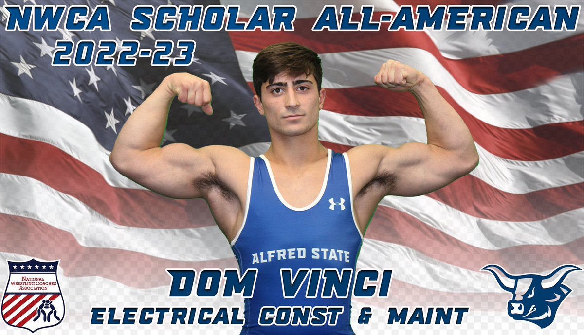 AlfredWrestling's tweet photo. Dom Vinci NWCA Scholar All-American! As only a Freshman Vinci has earned the nations top academic honor for a wrestling student-athlete and is one of six Alfred State wrestlers to earn this prestigious honor this year! Congrats Dom! #oxgang https://t.co/U5KgN19EcK