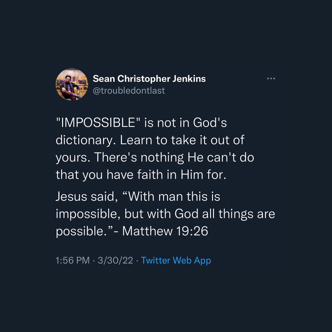 troubledontlast's tweet photo. Nothing is too hard for God. Everything is possible when He is involved. #withgodanythingispossible

God is the God of the impossible and the One who can make a miracle out of any situation. #withgodnothingisimpossible

What God cannot do doesn't exist!…
https://t.co/DcufibULef https://t.co/VN7V6HeWxC