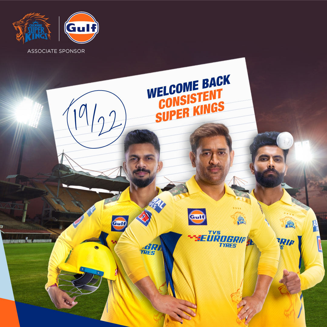 GulfOilIndia's tweet photo. As the Super Kings win the 19th of the last 22 matches at Chepauk, Gulf wishes them a fabulously consistent season this year.
#GulfOilIndia #CSK #Assciatesponsor #IPL #IPL2023 #Chennaisuperkings #GulfxCSK https://t.co/bVW64MAQuC
