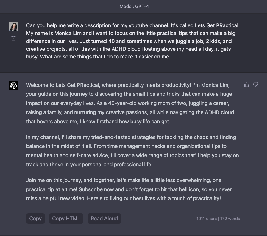 monicalimco's tweet photo. I've asked ChatGPT for some help writing a description for my YouTube channel. And it is not that bad. Definitely some usable bits here. 

If you are stuck, use ChatGPT to shake up the ideas that are buried in your mind.

#letsgetpractical https://t.co/W5cQj8bm6Y