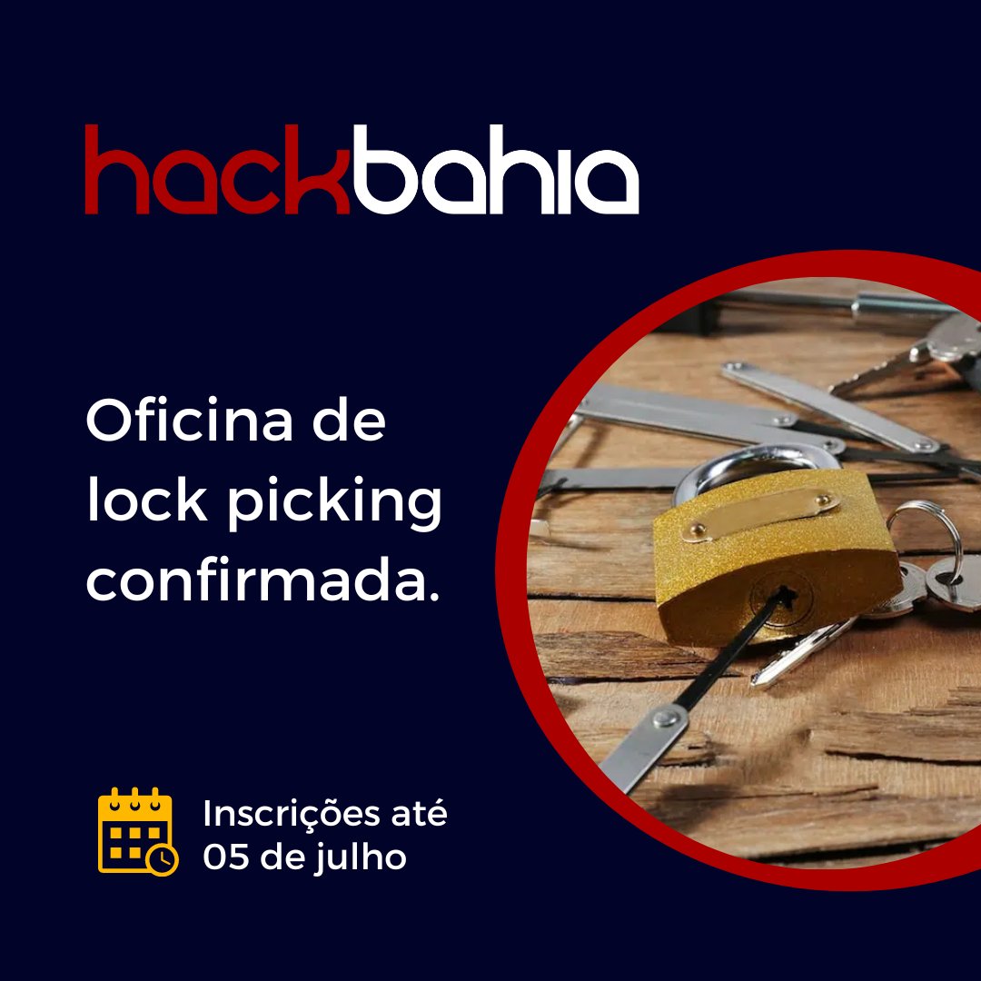 hackbahia's tweet photo. Fala, galera!

Nesta edição do HackBahia teremos um espaço (village) com exposições e oficinas. A primeira oficina confirmada é a de lock picking, onde os visitantes poderão aprender e praticar um pouco sobre alguns "truques" relacionados à segurança física. https://t.co/lMeM4YtsSO