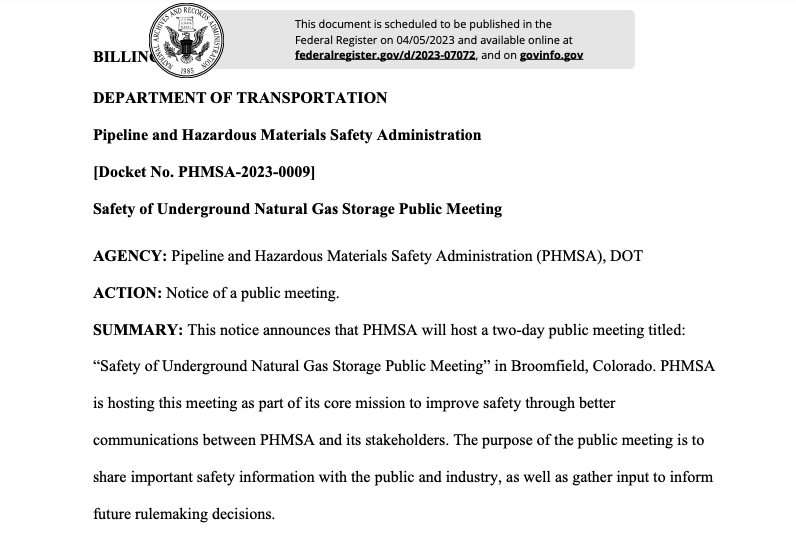 StateImpactCntr's tweet photo. 📅 @PHMSA_DOT will hold a two-day public meeting on the safety of underground natural gas storage on May 16-17 in Broomfield, Colorado. Register by 4/21. #StateImpactAlert
https://t.co/wnAqgMySdX https://t.co/l1aJoS3Wa1