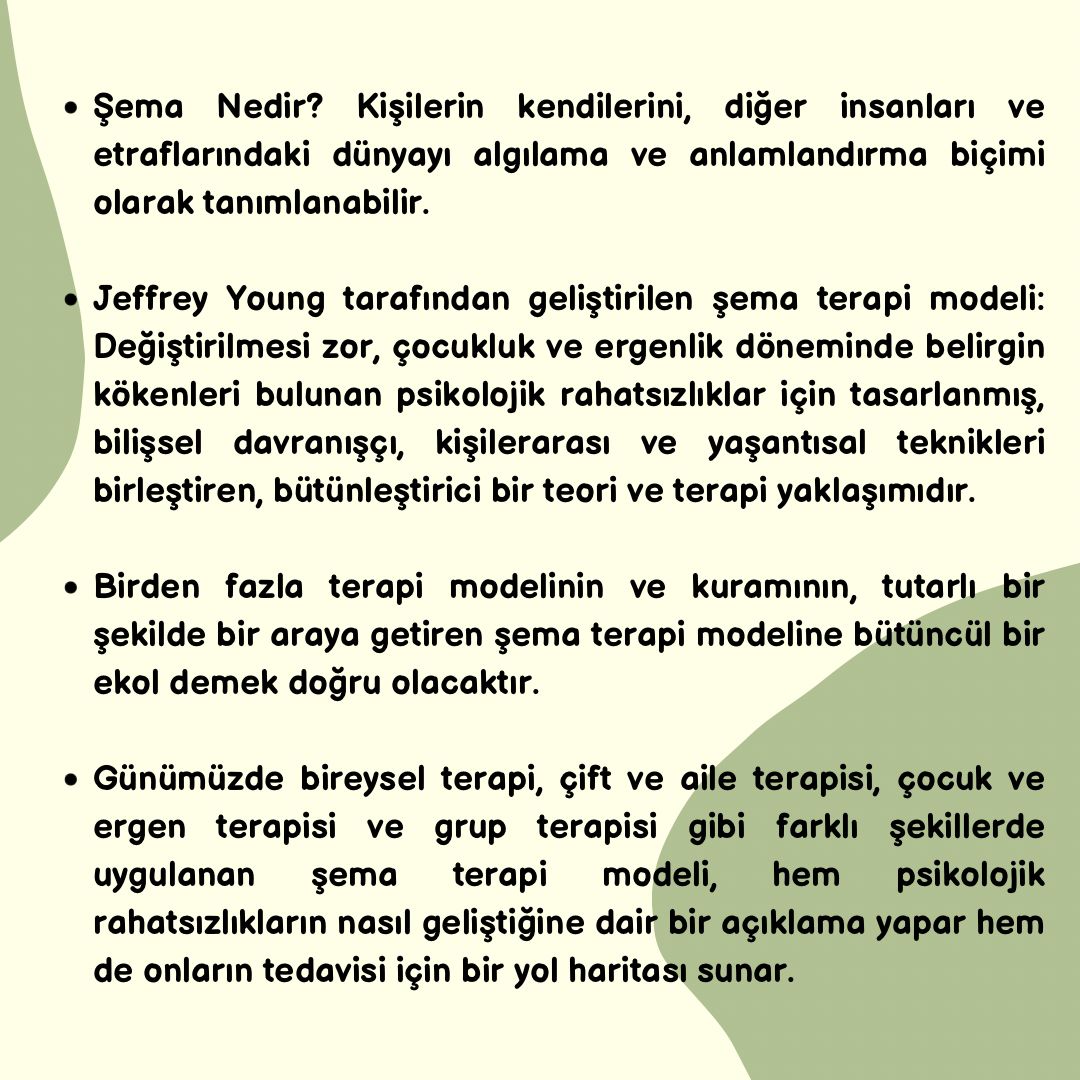 pdrusak's tweet image. 📣 Terapi Ekolleri içeriğimizin bu haftaki konusu: Şema Terapi

Şemalar; insanların duygu, düşünce ve davranışlarına yön veren; algı, inanç ve duygu kalıplarıdır. 

Şema terapiyi gelin birlikte inceleyelim. ✨

#terapiekolleri #terapi #şematerapi
