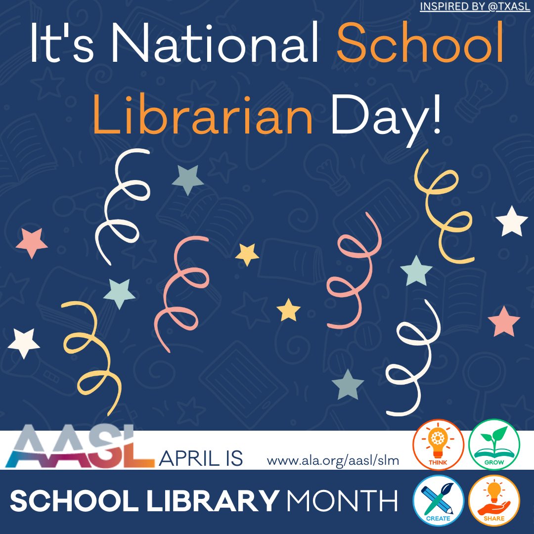 School librarians, happy National School Librarian Day! AASL is thrilled to celebrate you for all that you do each day, each week, each month, and each year. ala.org/aasl/slm #SchoolLibraryMonth #aasl #AASLslm