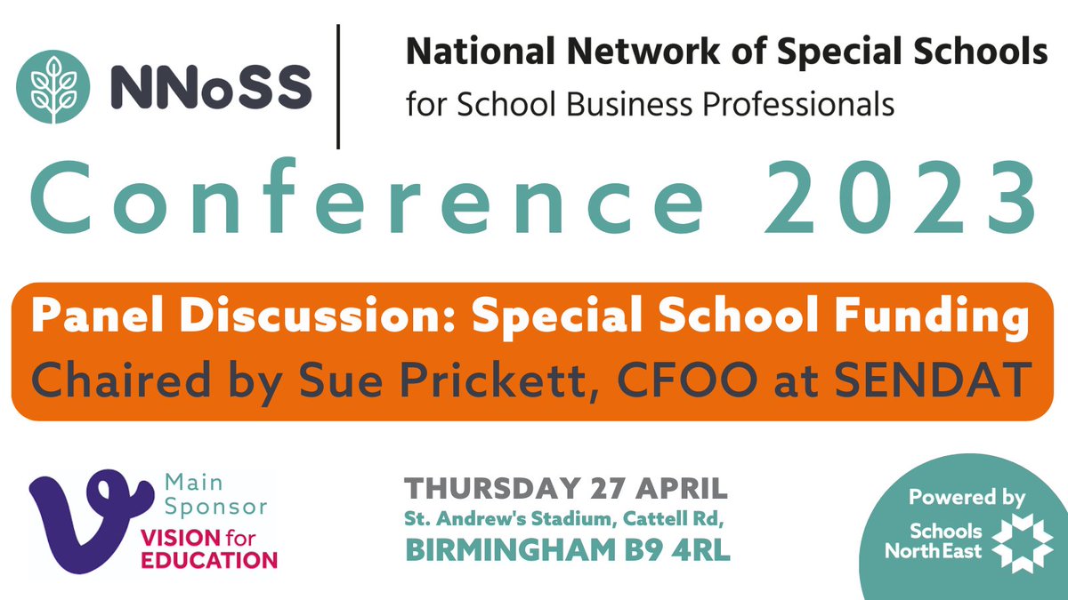 Funding remains top of the list when it comes to challenges in #SpecialSchools

Join us at this year's #NNoSSConference to listen to a panel about #SpecialSchoolFunding chaired by Sue Prickett, CFOO <a href="/SENDAT2/">SENDAT</a>  

Programme: ow.ly/fsgI50NzHt2 

Book: ow.ly/cfPH50MOjZU