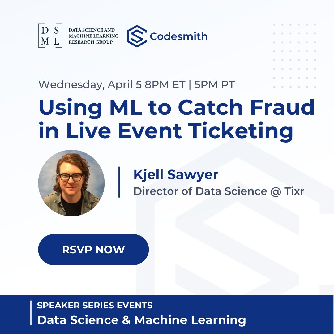 Chargeback fraud is a massive problem for e-commerce businesses. Kjell Sawyer, Director of Data Science @ Tixr, will discuss how machine learning can be used to catch fraudulent purchases of live event tickets in our DSML Speaker Event on 4/5!

Register 🌟 learn.codesmith.io/3m31iOU