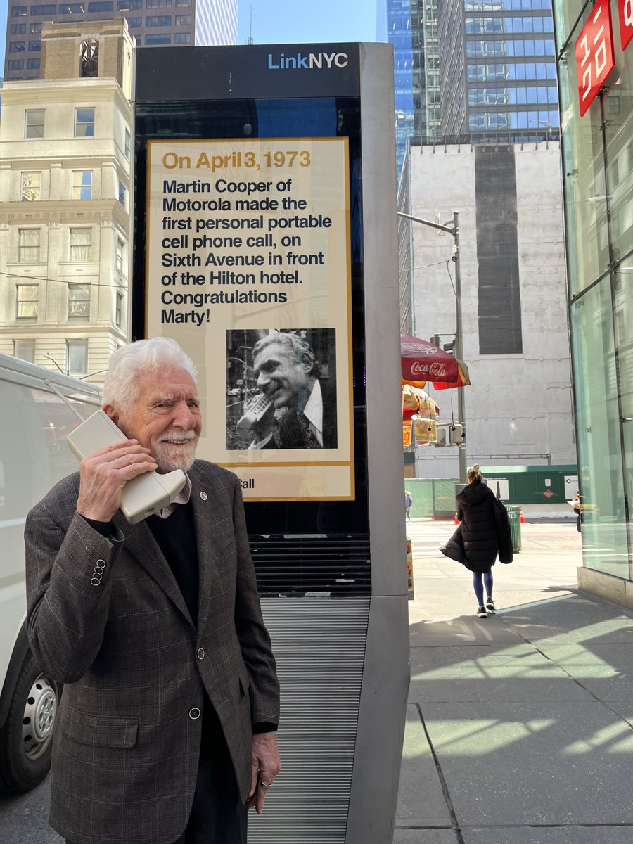 Yesterday was an incredible day in #telecom!

We celebrated the 50th Anniversary of the first #cellphone call, made by Martin Cooper!

This photo shows Marty in front of a #LinkNYC kiosk, just about a block away from his first call. What a transformation in #wireless technology!