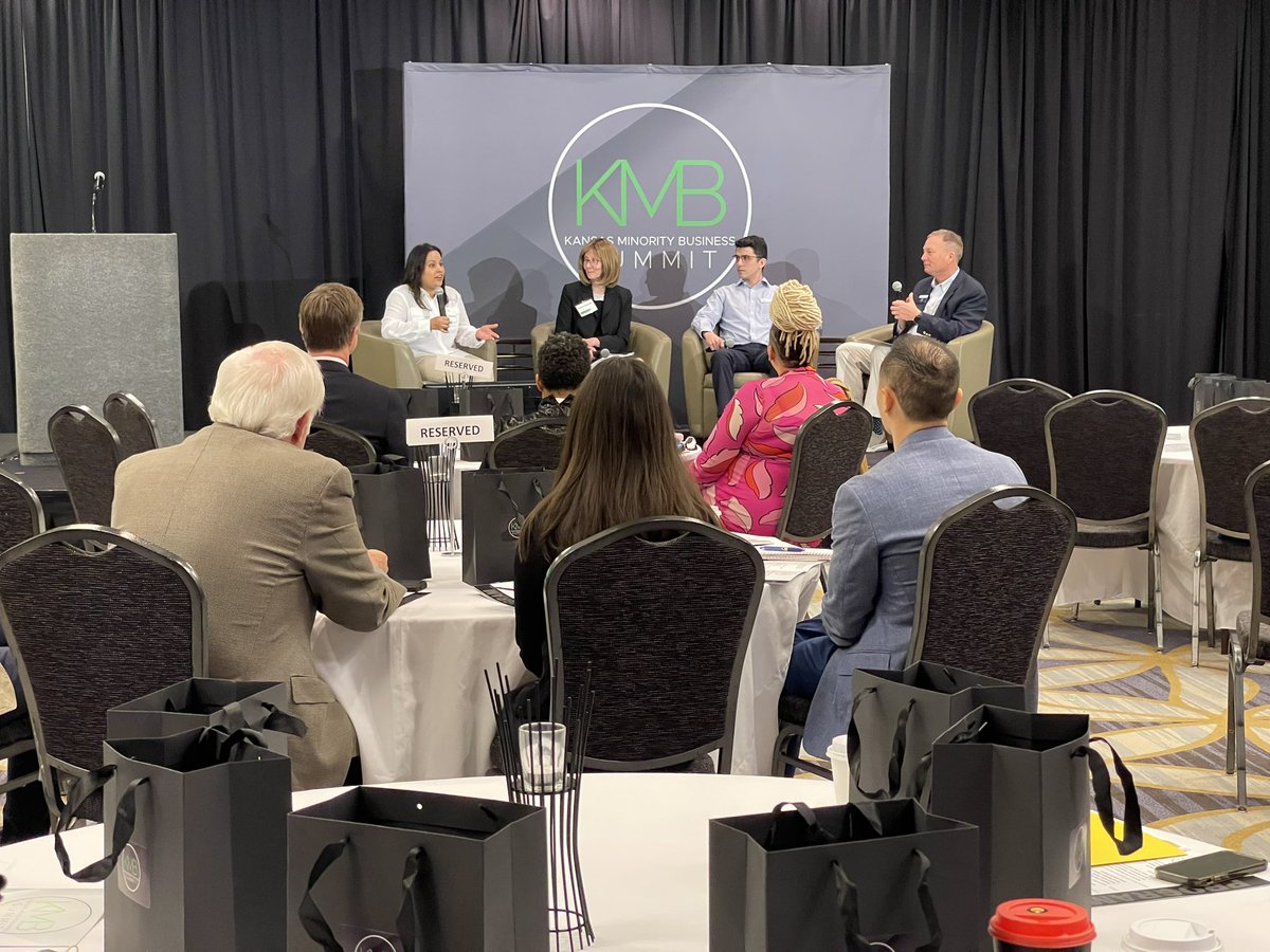 KansasChamber's tweet photo. Starting strong at the 2023 KS Minority Business Summit, following opening remarks with an expert panel dropping knowledge on ways to #FundYourBusiness: Debra Franklin (@WichitaState), Thomas Papadatos (@NetWorkKansas) and Natalie Santonil (SCKEDD).
#KSJobCreators #KMB23 https://t.co/a74KsEiibE