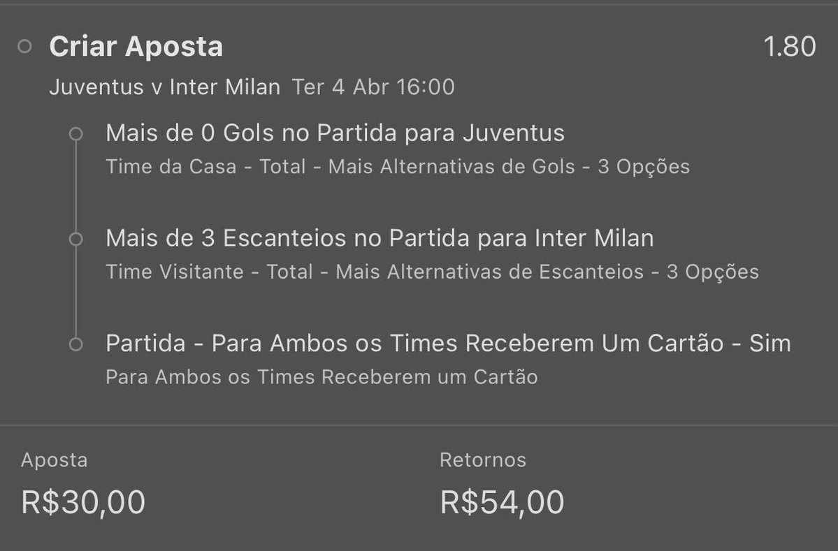 Criar Aposta on X: Achei essa oportunidade na bet365 pra Juventus x Inter  🇮🇹 Quem vem? Gols Juventus: 1, 1, 4, 0, 4 Escanteios Inter: 10, 6, 13, 6,  6 Amarelos Juve: 1, 4, 1, 2, 0 Amarelos Inter: 2, 3, 0, 0, 2 🔞 Jogo  responsável