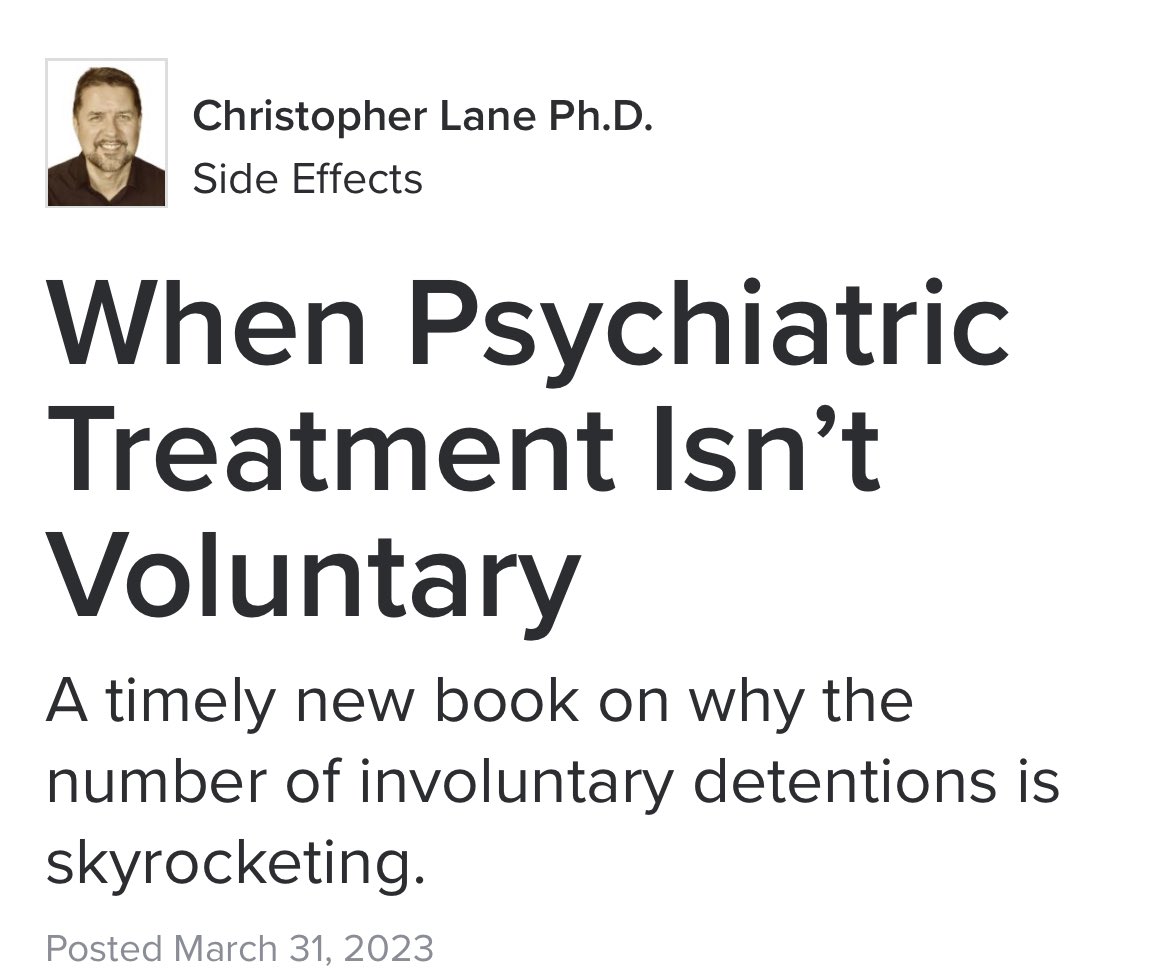 I always vaguely thought people get involuntarily committed to psychiatric hospitals only when they present an acute threat to themselves or others. <a href="/christophlane/">Christopher Lane, PhD 😷</a> does an excellent job exploding that myth <a href="/PsychToday/">Psychology Today</a>