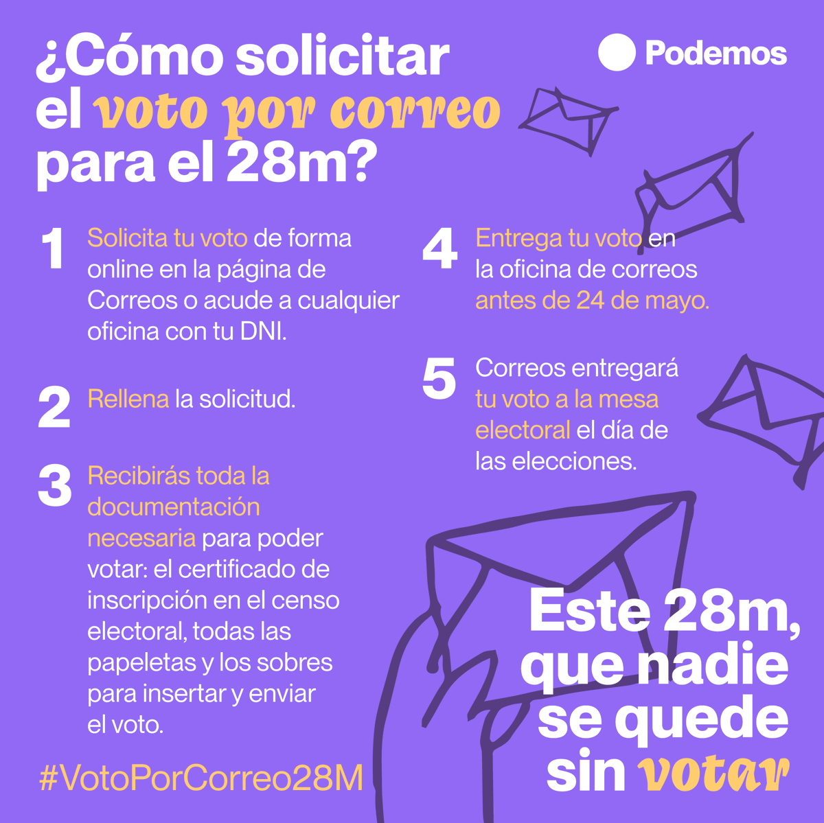 🗳 Si el 28 de mayo te va a ser difícil ir a votar de manera presencial, vota por correo para que se escuche tu voz.

📩 Puedes solicitar el voto por correo hasta el 18 de mayo. No lo dejes para el último momento. #VotoPorCorreo28M