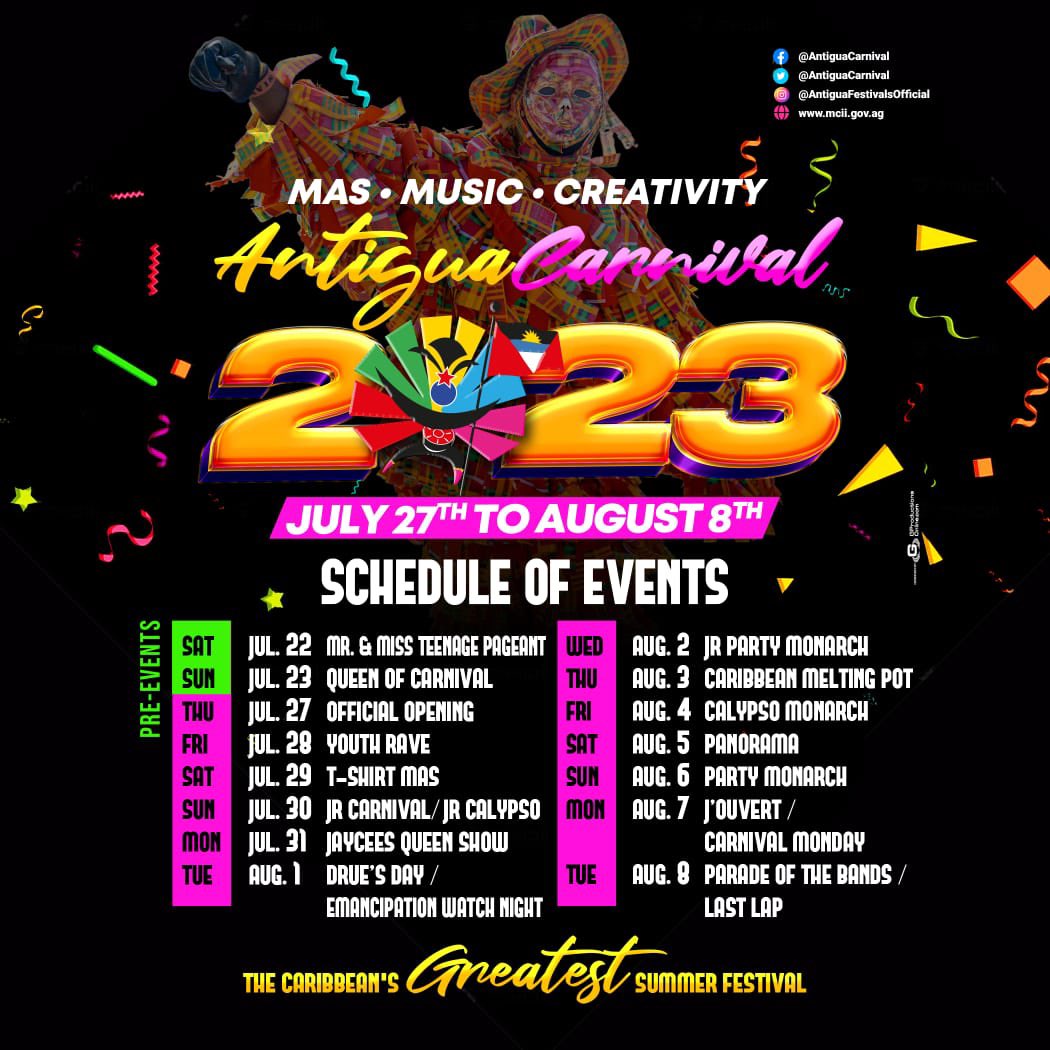 We're ready....are you? The countdown is on for Antigua Carnival 2023, 'The Caribbean's Greatest Summer Festival'
#MasMusicCreativityAntiguaCarnival
#WereadyForTheRoad
#CaribbeansGreatestSummerFestival 
#LoveAntiguaBarbuda
#AreYouReady 
#CarnivalCountdown
#AntiguaCarnival