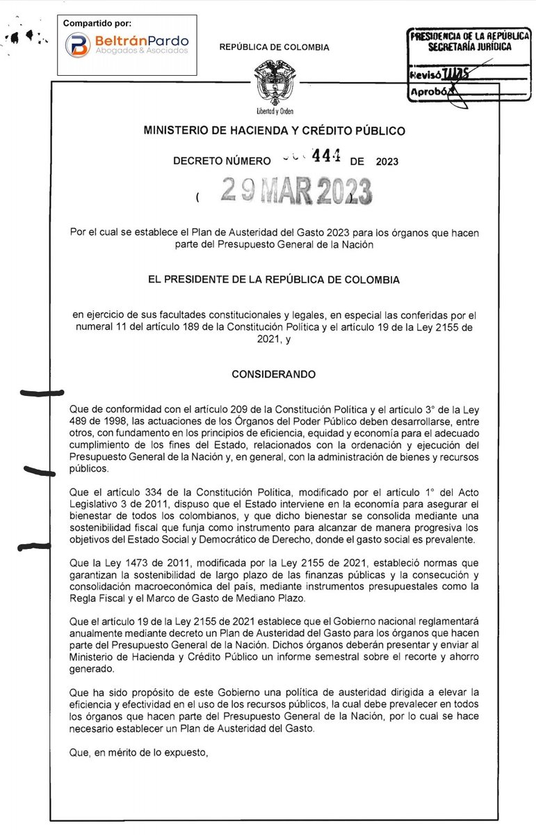 bpaabogados's tweet photo. 🚨@MinHacienda expidió Decreto 444/2023 📄estableciendo el Plan Anual de Austeridad del Gasto 2023💰para las entidades 🏛️que hacen parte del PGN. #BPinforma #MoverNosMueve 🔗https://t.co/y5n7xJ3Gpt https://t.co/NIMStUxtjB