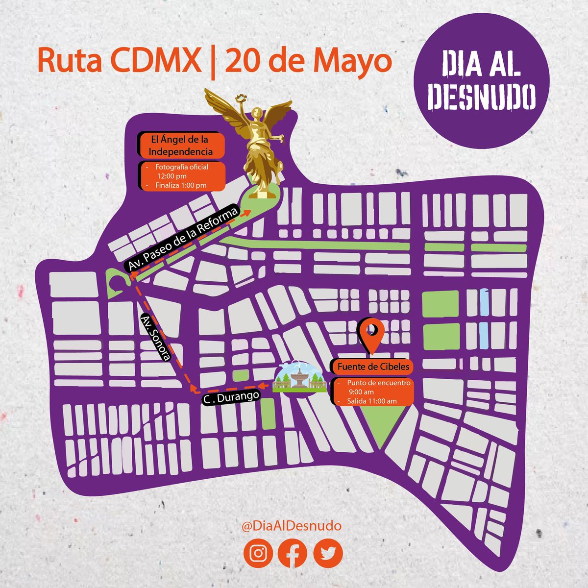 Ruta Día al Desnudo CDMX 20 de Mayo 2023. Favor de difundir 🙏🏽 RT.