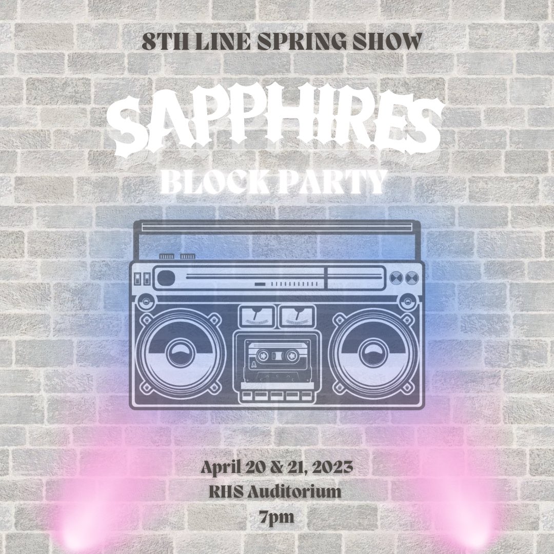 8th line spring show is only 10 school days away! Tickets available for purchase Monday April 10th 🎫! Sapphire Block Party 💕🤩✨ You won’t want to miss it! Purchase tickets here: friscoisd.hometownticketing.com/embed/all?dept…