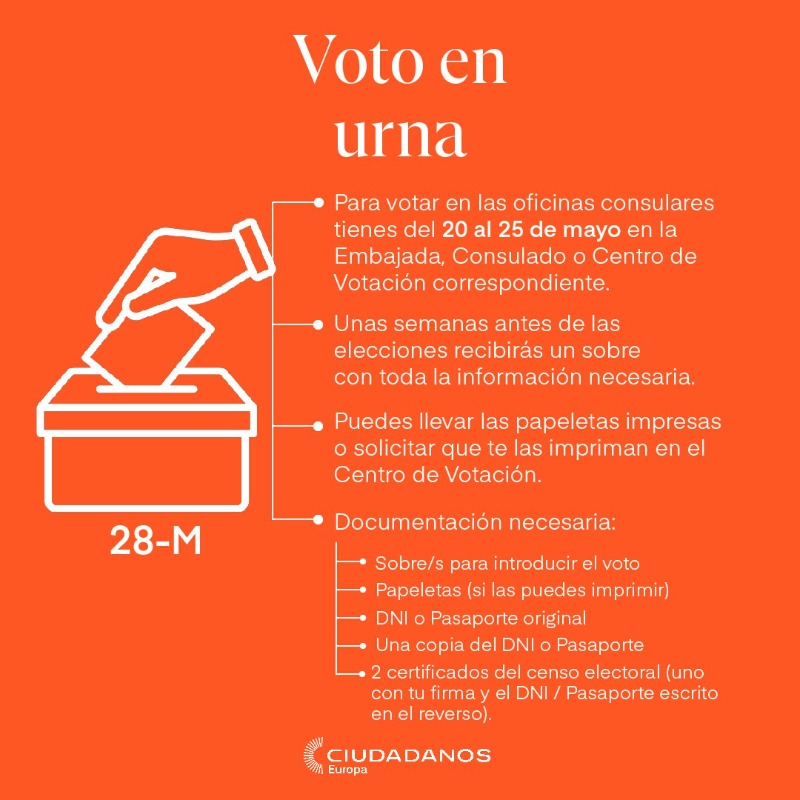 CS_Europa's tweet photo. 🗳️ Guía para votar desde el extranjero el próximo #28M

Si vives fuera de España y quieres ejercer tu derecho al voto en las elecciones de mayo, aquí te explicamos cómo hacerlo 👇