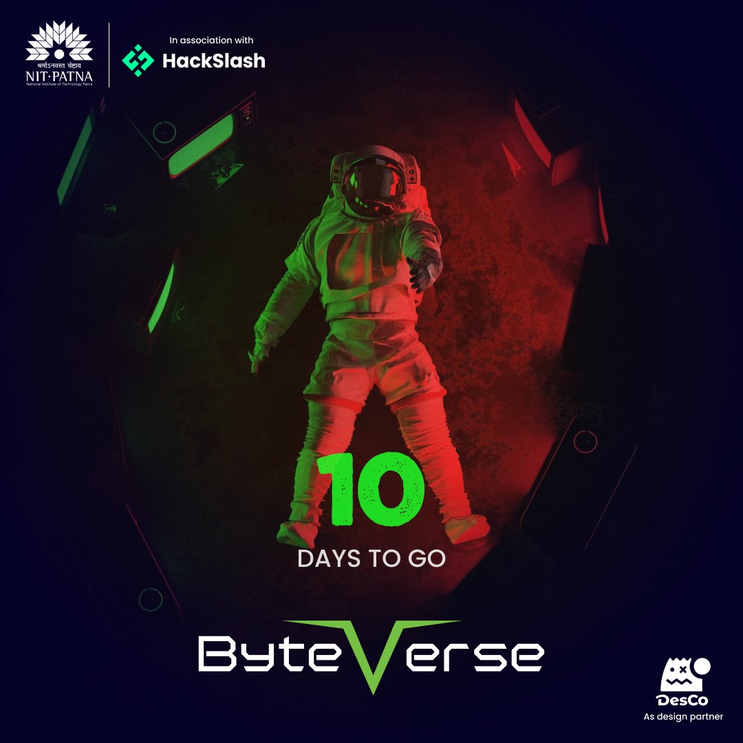 hackslash_nitp's tweet photo. 𝘎𝘦𝘢𝘳 𝘶𝘱 𝘵𝘦𝘤𝘩𝘪𝘦𝘴🙌
The countdown⏲️ of the most awaited hackathon  𝐁𝐲𝐭𝐞𝐕𝐞𝐫𝐬𝐞 👨‍💻 has already begun😃. 
So get your team registered if you haven't. 
Get ready to enter into the exciting world of innovation, creativity and techboom✨. https://t.co/pnikiLl9cw