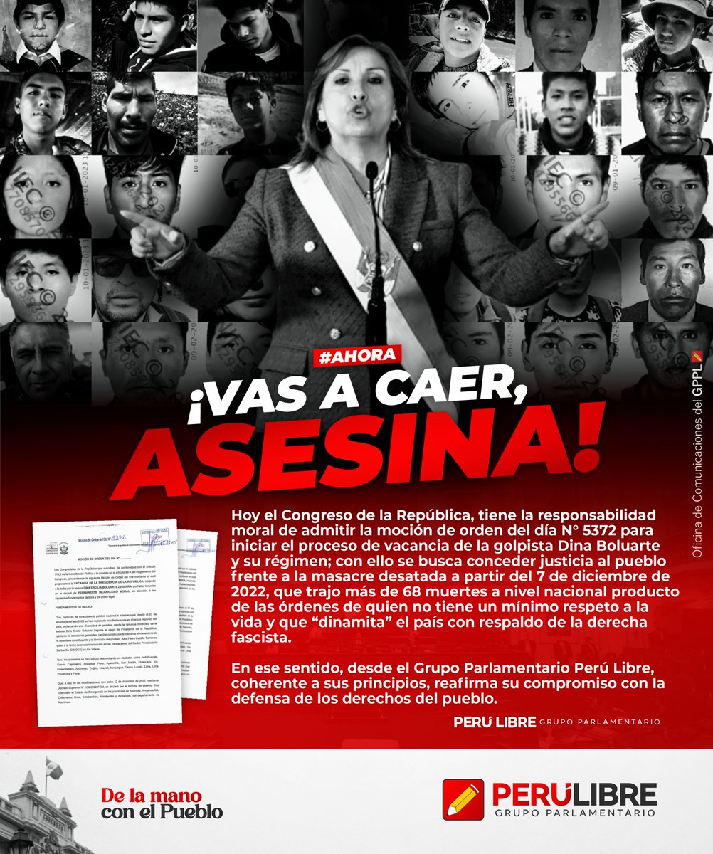 BancadaPLibre's tweet photo. Desde el Grupo Parlamentario Perú Libre, coherente a sus principios, reafirma su compromiso con la defensa de los derechos del pueblo.

#VasACaerBoluarte https://t.co/Jdry1OmNwt