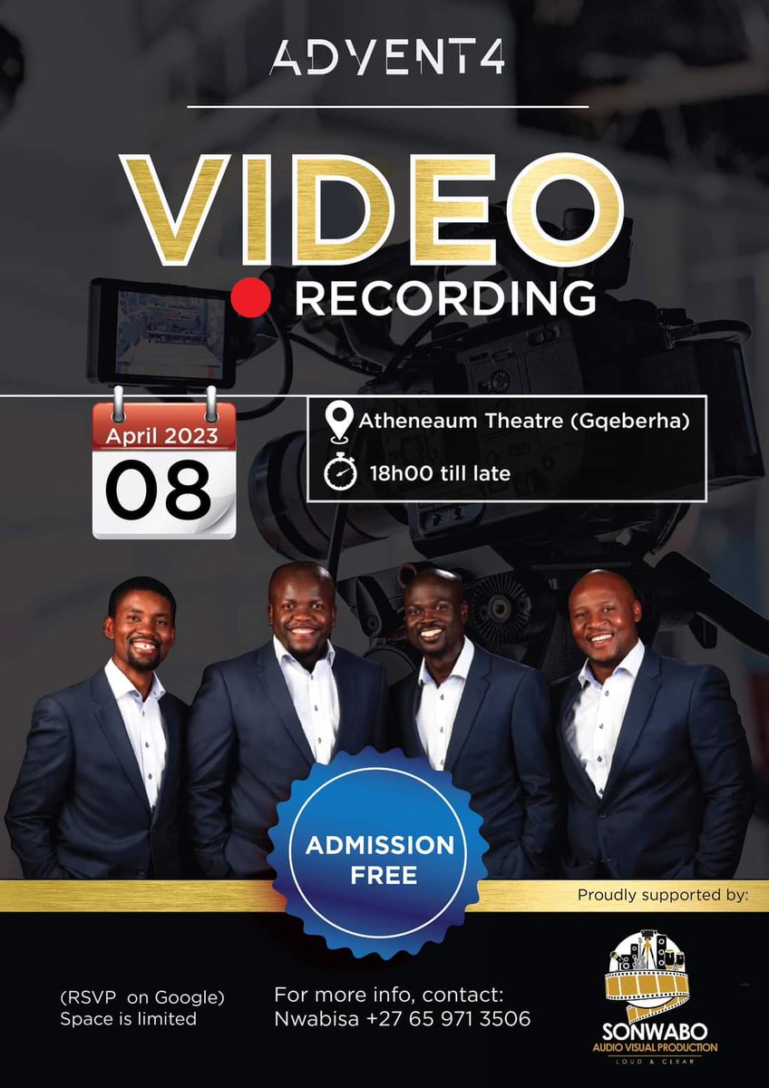Advent4_Music's tweet photo. LIVE RECORDING: FREE ADMISSION
Join us this weekend at the Athenaeum Theatre for the Live Recording on Saturday, 8 April at 6pm.
FREE ADMISSION

Let's Choose Advent 4  Music this Chooseday.

#Advent4
#Nguwe
#Ecksnaku
#Chooseday https://t.co/qiELmU7HJH