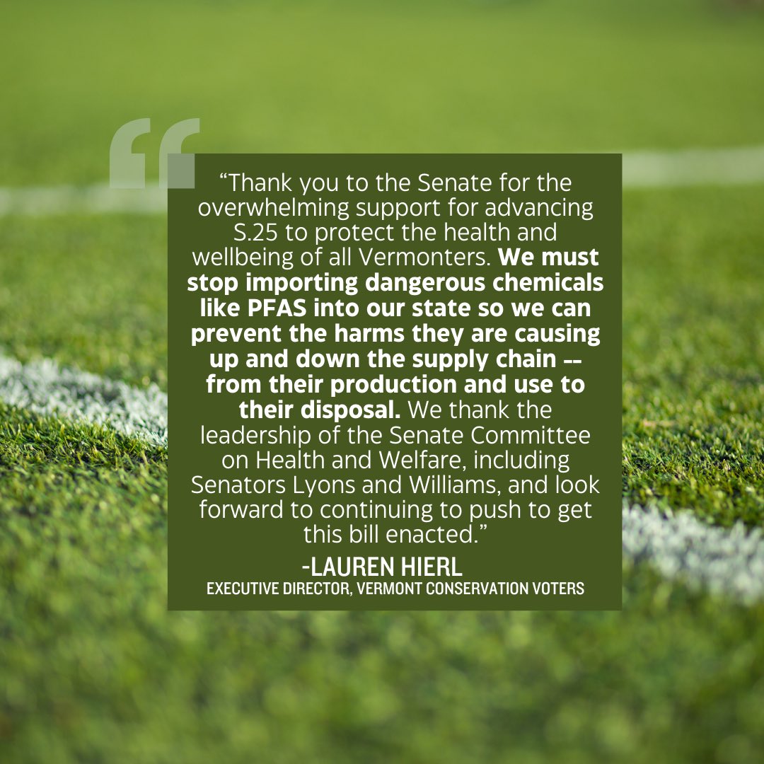 Today, the Vermont Senate voted on a unanimous voice vote to advance legislation (S.25) that restricts PFAS and other toxic chemicals from cosmetic and menstrual products, and bans PFAS from textiles and artificial turf athletic fields. vermontconservationvoters.com/vermont-senate… #vtpoli #pfas