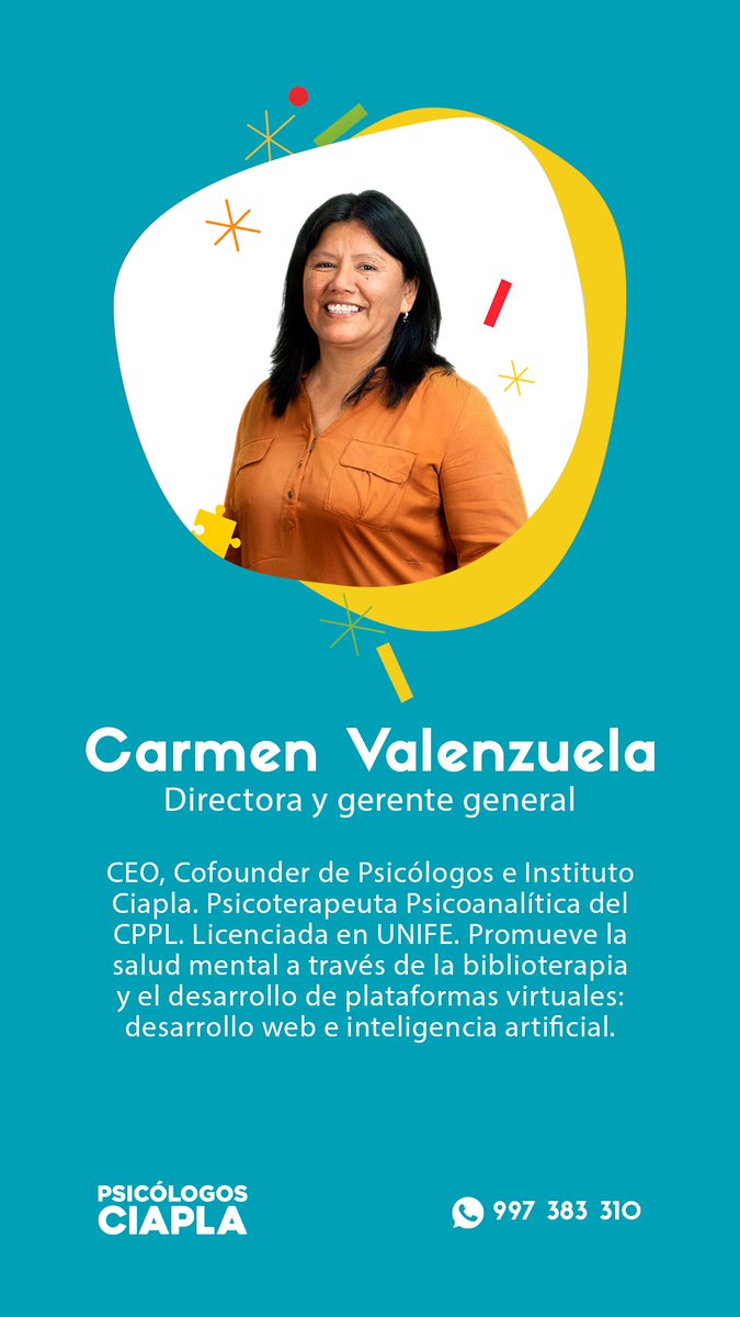 ciapla's tweet photo. Conoce a Carmen Valenzuela. Ceo Coufunder de Centro Ciapla. Resaltamos su compromiso con la tarea clínica y formación permanente, Gracias @cr_valenzuel por compartir tu entusiasmo y motivación en hacer accesibles los beneficios de la psicoterapia. #PsicologosCiapla #Live 🇵🇪 https://t.co/dMhUITV9l6